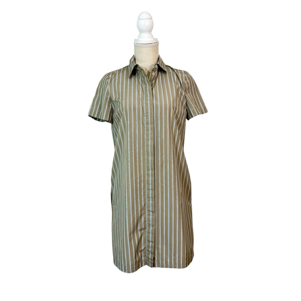 Theory Shirt Dress Size Small Beige Ribbon Stripe Button Down Pockets Poplin - Picture 13 of 15